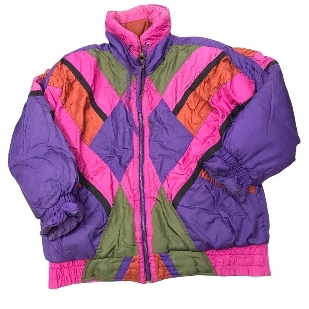 Vintage Gallery 1x 90s Patchwork Crinkle Nylon Multicolor Down Puffer Jacket
